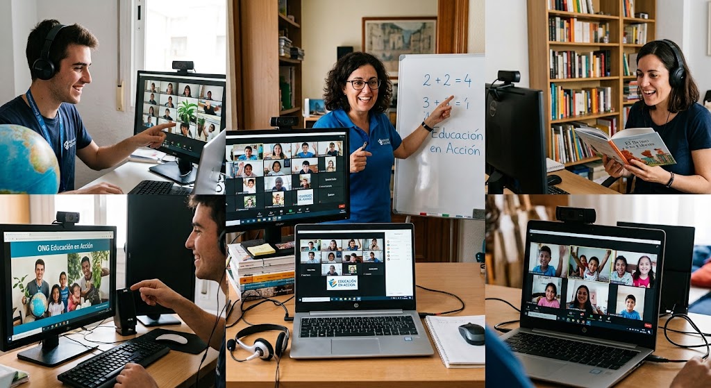 Docentes voluntarias y voluntarios impartiendo clases en línea a través de videollamadas para estudiantes de la ONG Educación en Acción.