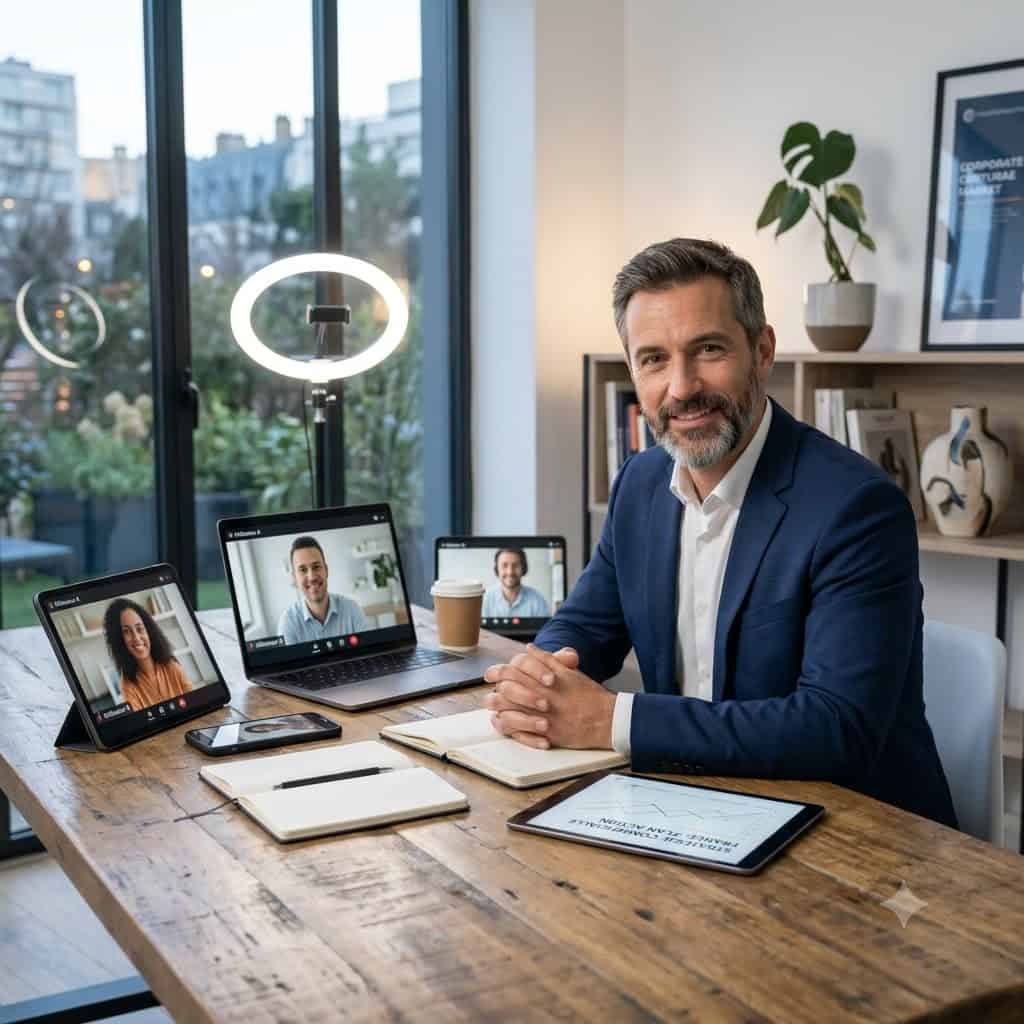 Un coach ejecutivo hombre sonriendo y gesticulando mientras imparte una clase virtual desde su estudio, con un aro de luz y múltiples pantallas que muestran participantes en una videollamada y la presentación de una estrategia comercial.