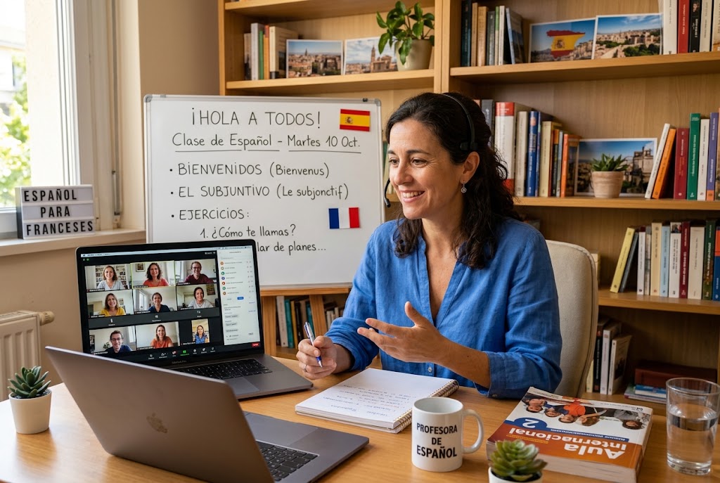 Profesora sonriente impartiendo una clase de español online en una videollamada desde su escritorio con una pizarra de fondo